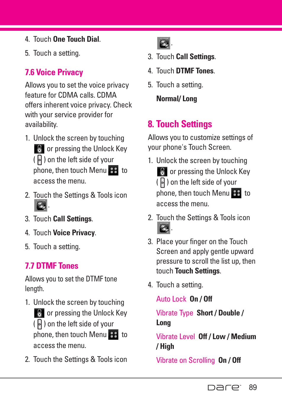 6 voice privacy, 7 dtmf tones, Touch settings | LG Dare User Manual | Page 91 / 273