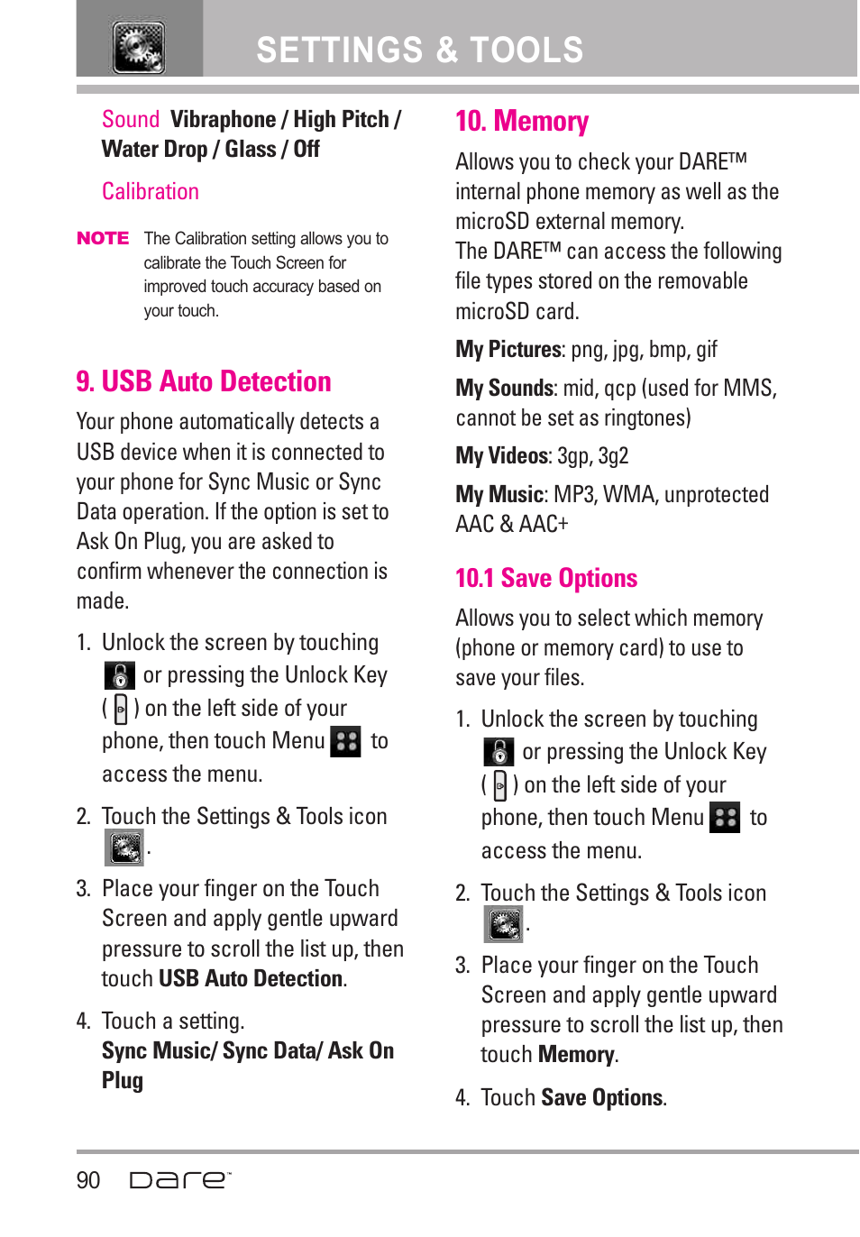 Usb auto detection, Memory, 1 save options | Settings & tools | LG Dare User Manual | Page 92 / 273