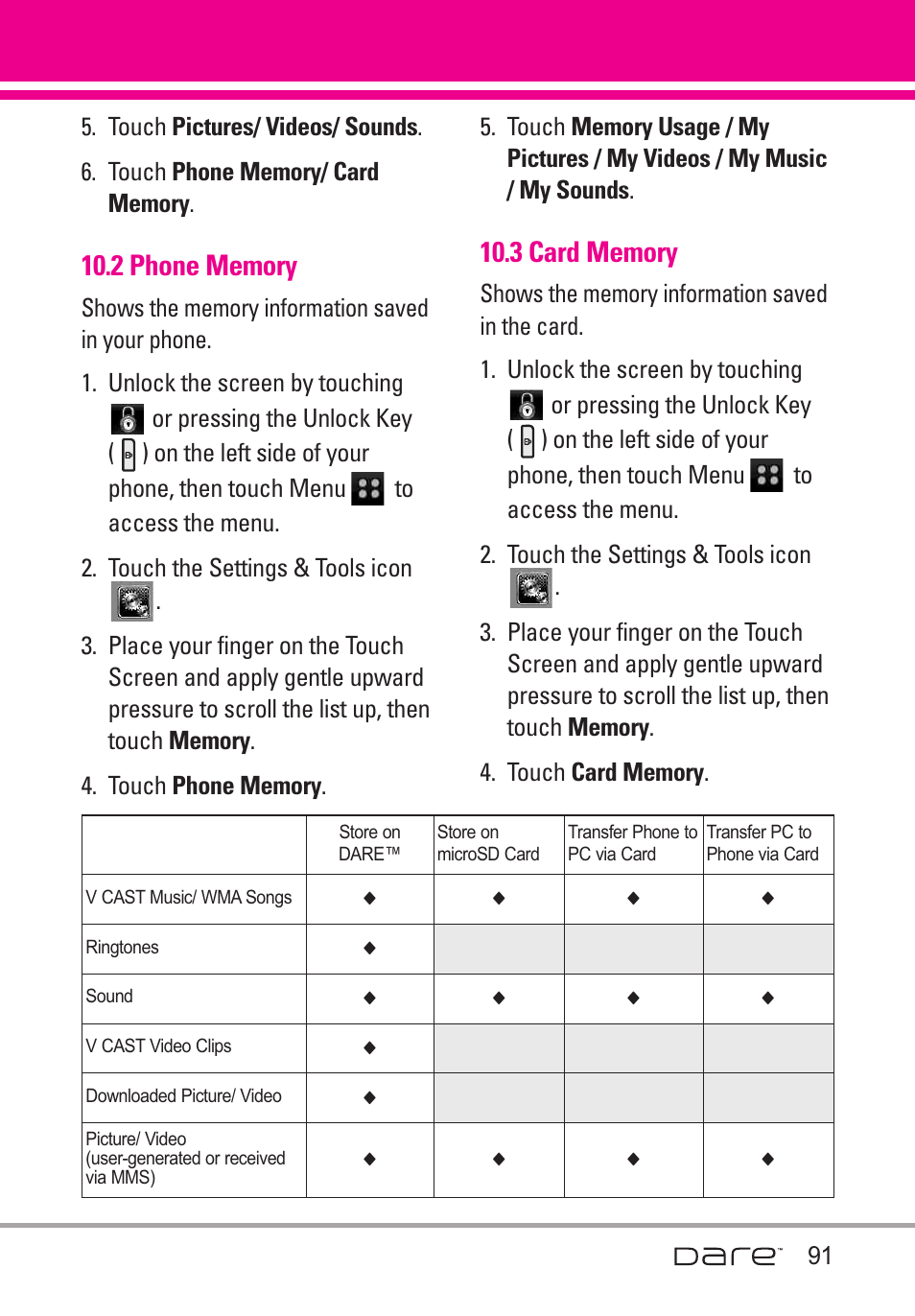 2 phone memory, 3 card memory | LG Dare User Manual | Page 93 / 273