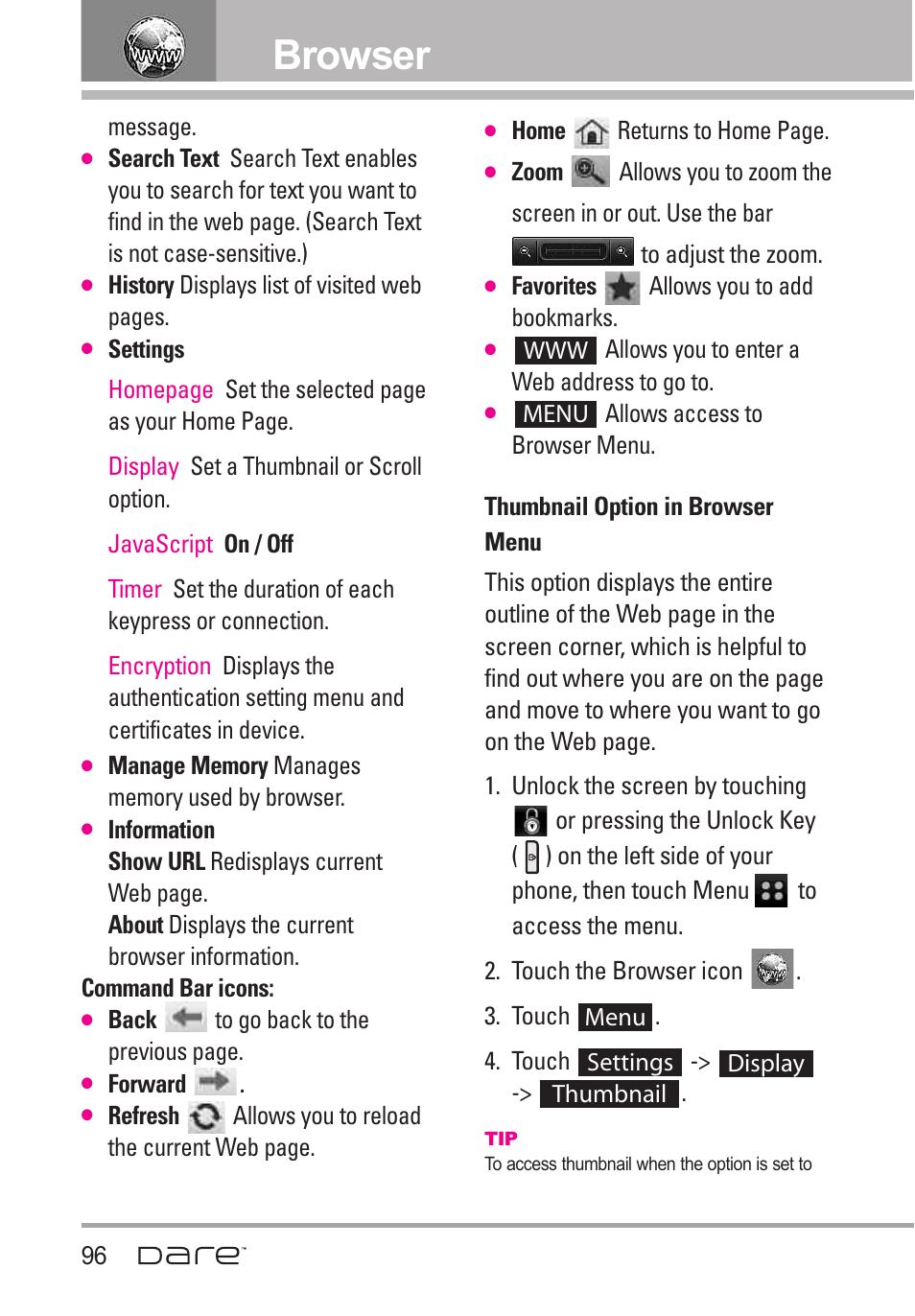 Browser | LG Dare User Manual | Page 98 / 273
