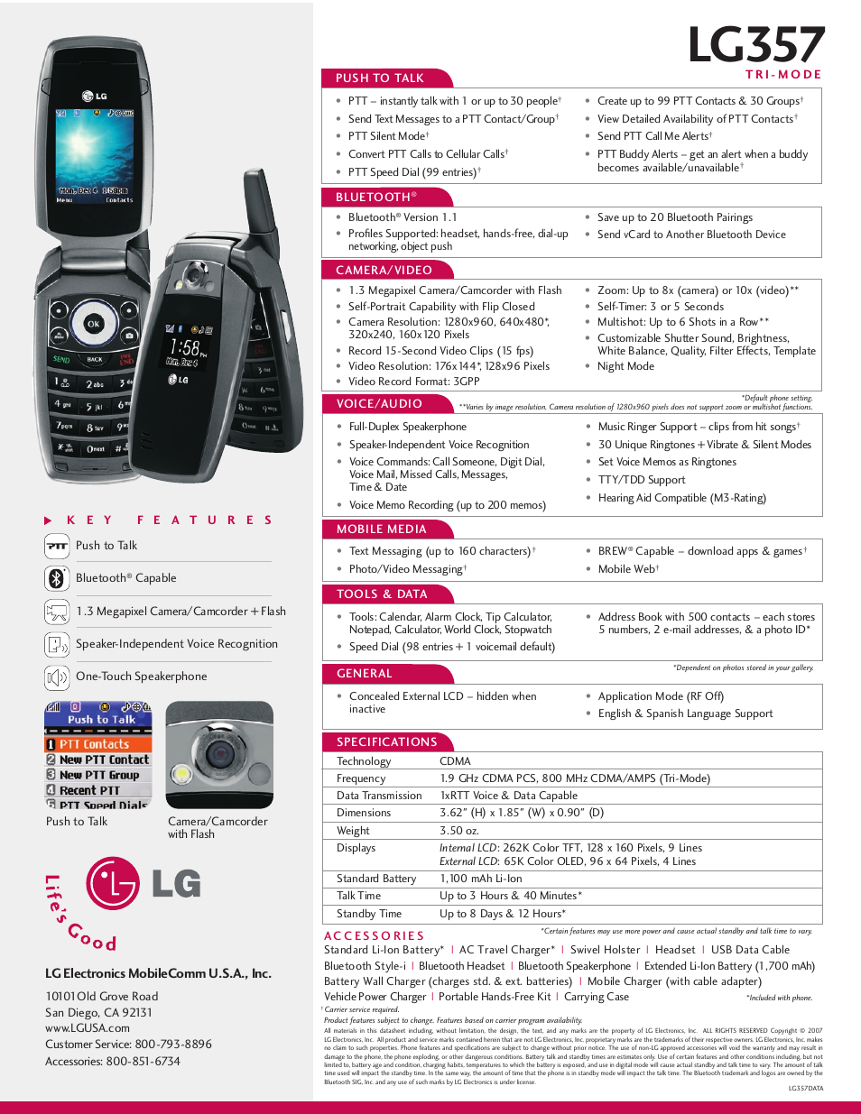 Lg357, Lg electronics mobilecomm u.s.a., inc, T r i - m o d e | Push to talk bluetooth, Camera/camcorder with flash, Voice/audio, General, Mobile media, Tools & data, Bluetooth | LG 357 User Manual | Page 2 / 2