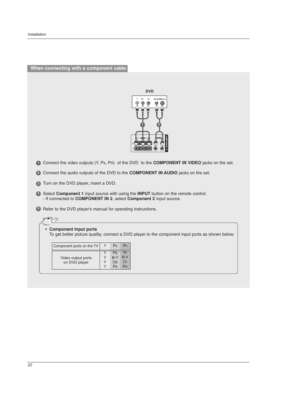 When connecting with a component cable, Connect the video outputs (y, p | LG 32LC2DU User Manual | Page 22 / 68