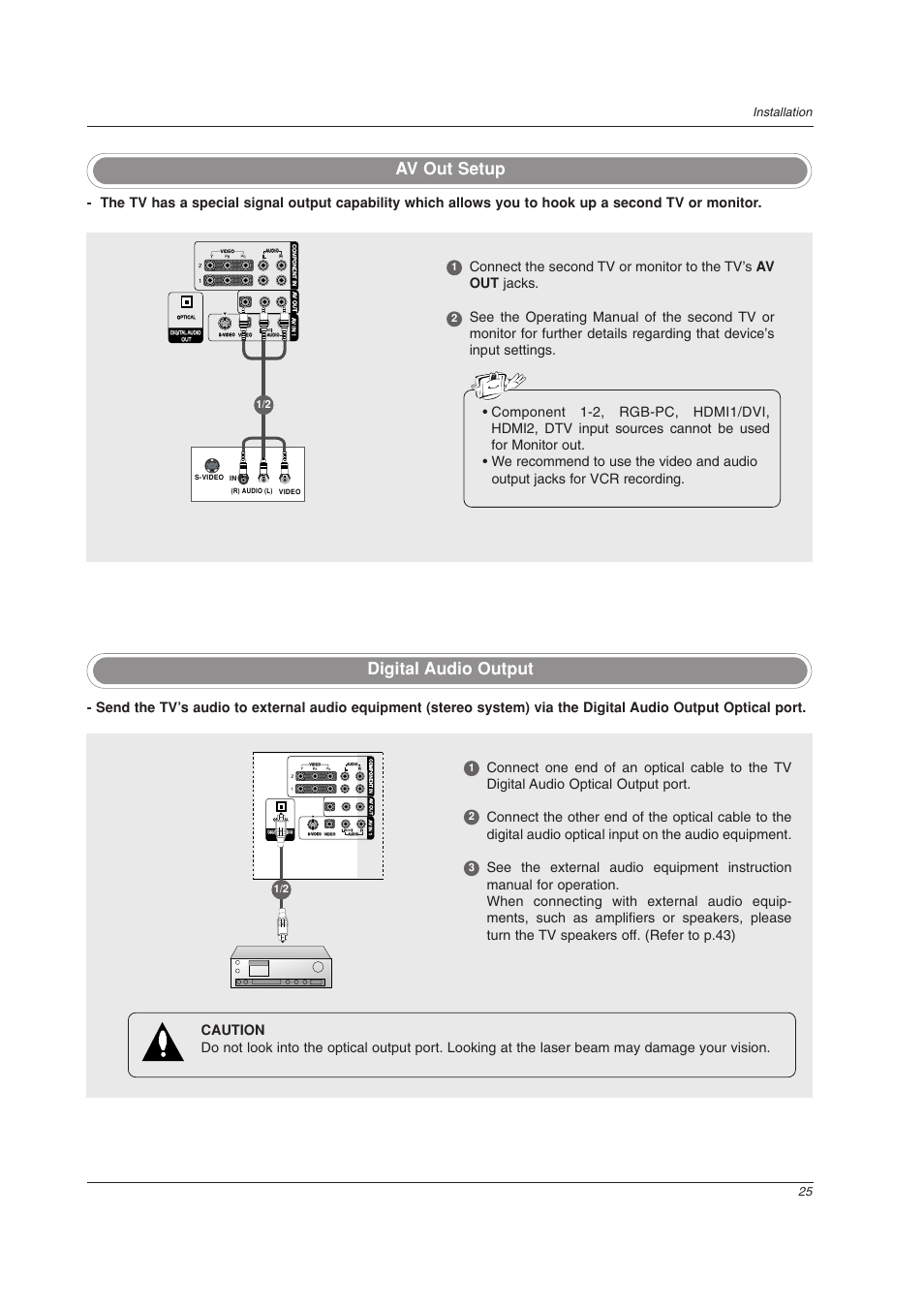 Digital audio output, Av out setup, 25 installation | LG 32LC2DU User Manual | Page 25 / 68