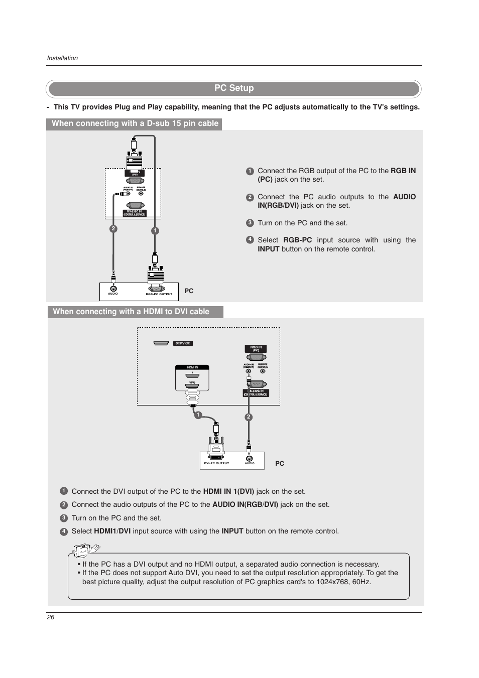 Pc setup, When connecting with a d-sub 15 pin cable, When connecting with a hdmi to dvi cable | 26 installation | LG 32LC2DU User Manual | Page 26 / 68