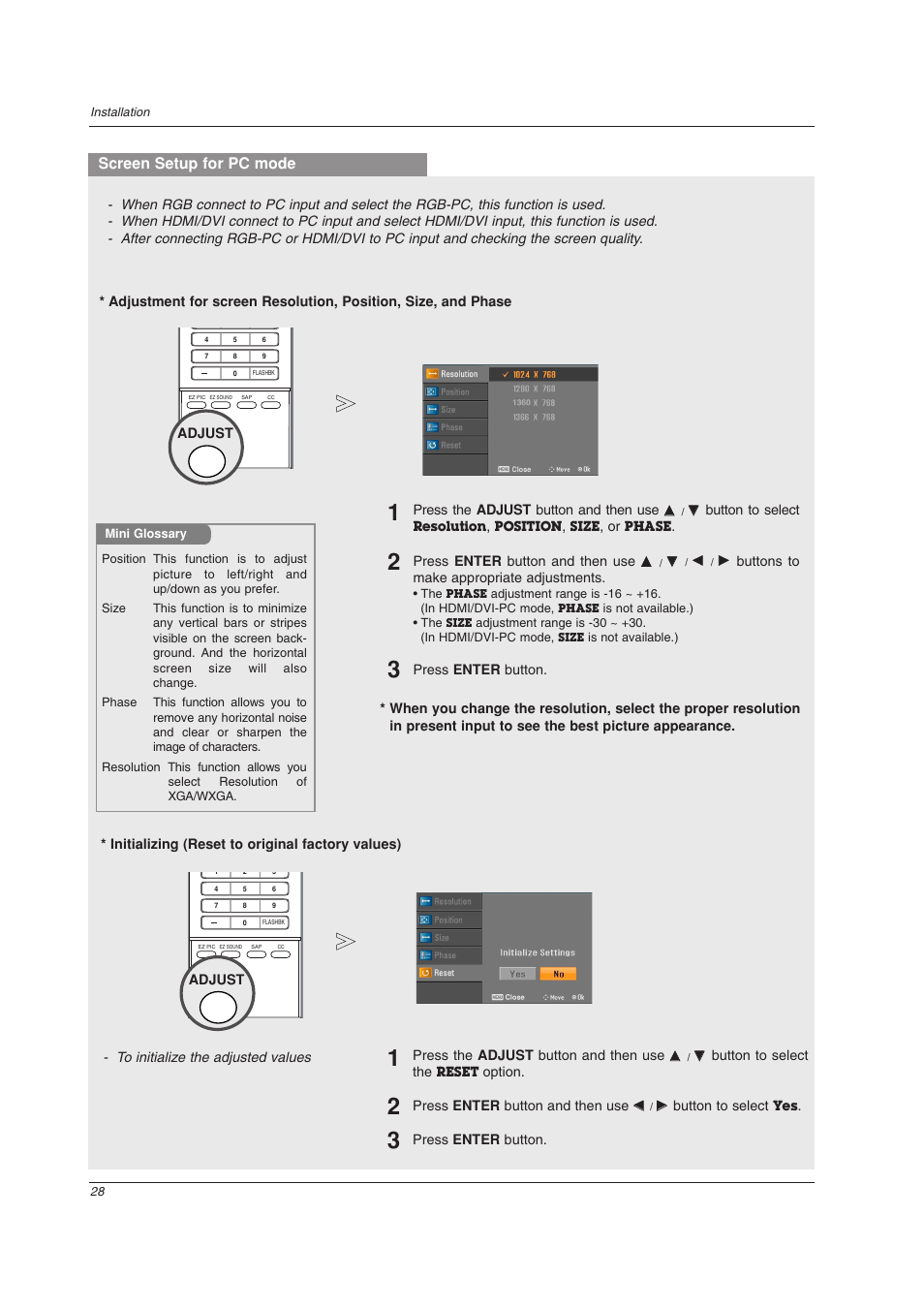 Screen setup for pc mode | LG 32LC2DU User Manual | Page 28 / 68
