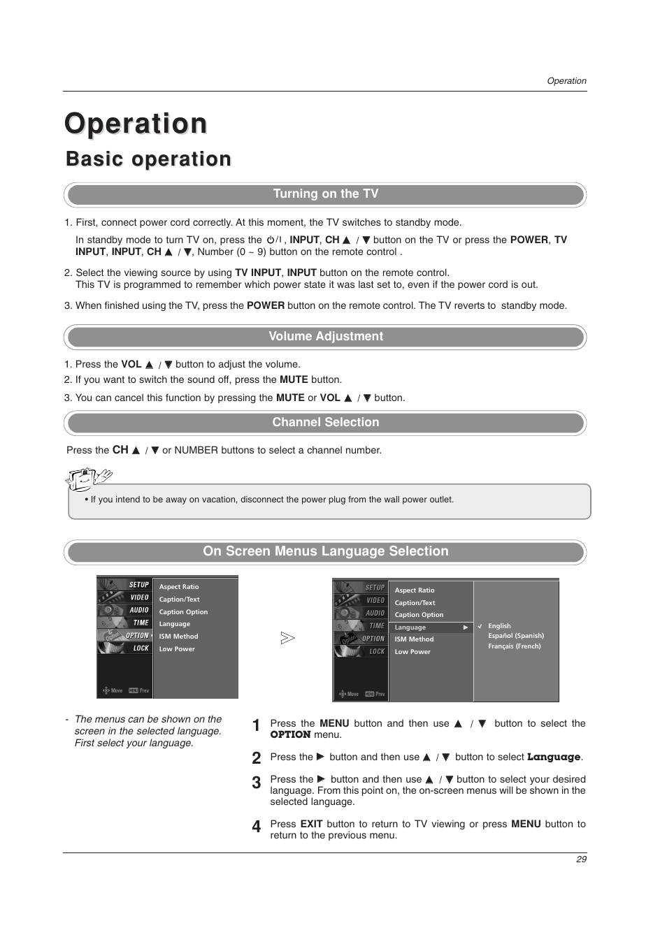 Operation, Basic operation, On screen menus language selection | LG 32LC2DU User Manual | Page 29 / 68