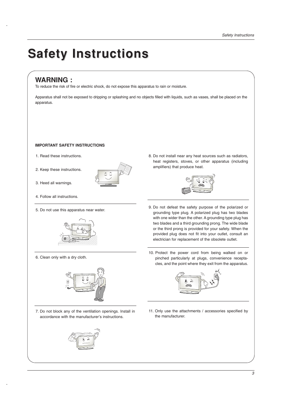 Safety instructions, Warning | LG 32LC2DU User Manual | Page 3 / 68