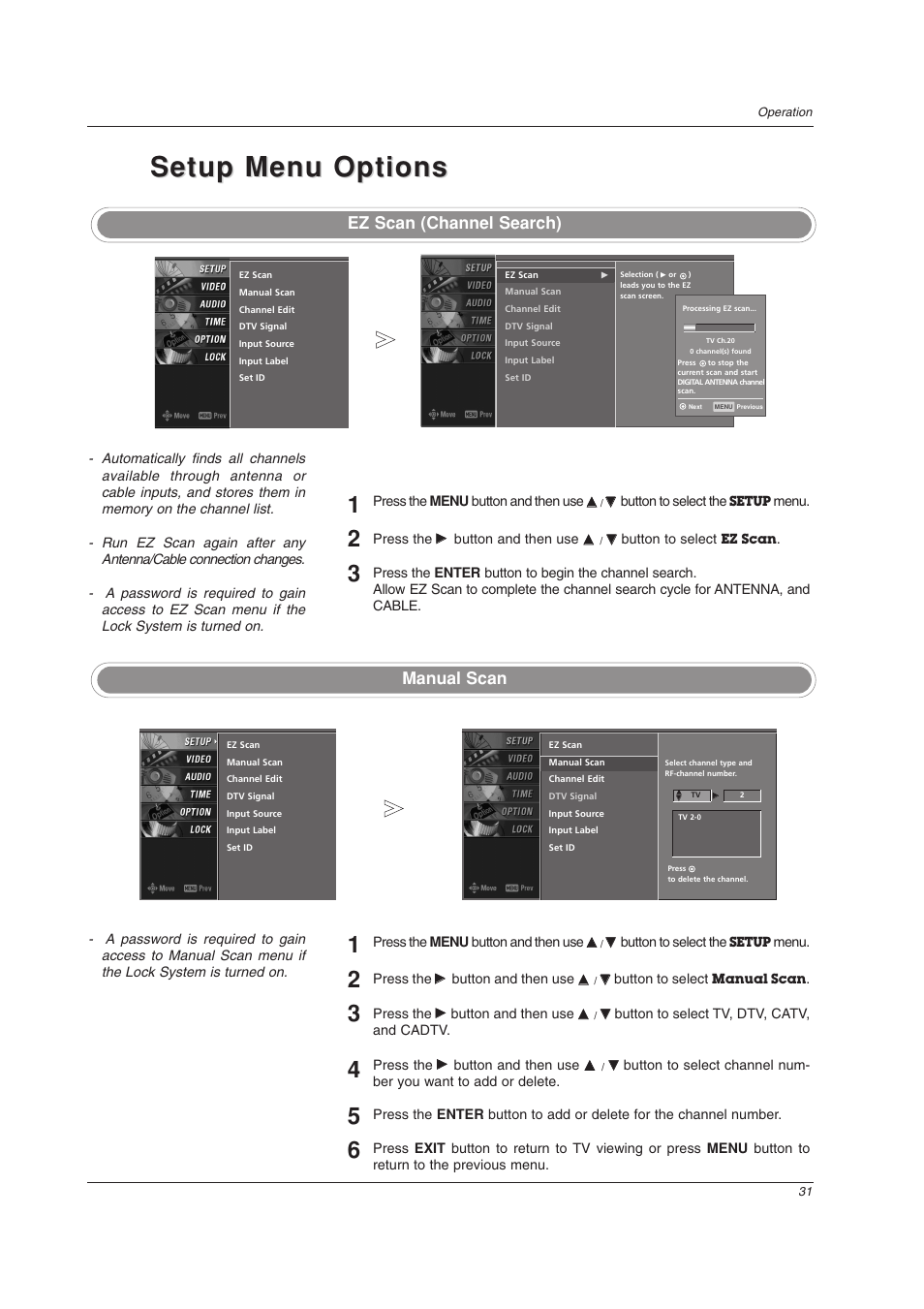 Setup menu options, Ez scan (channel search), Manual scan | LG 32LC2DU User Manual | Page 31 / 68
