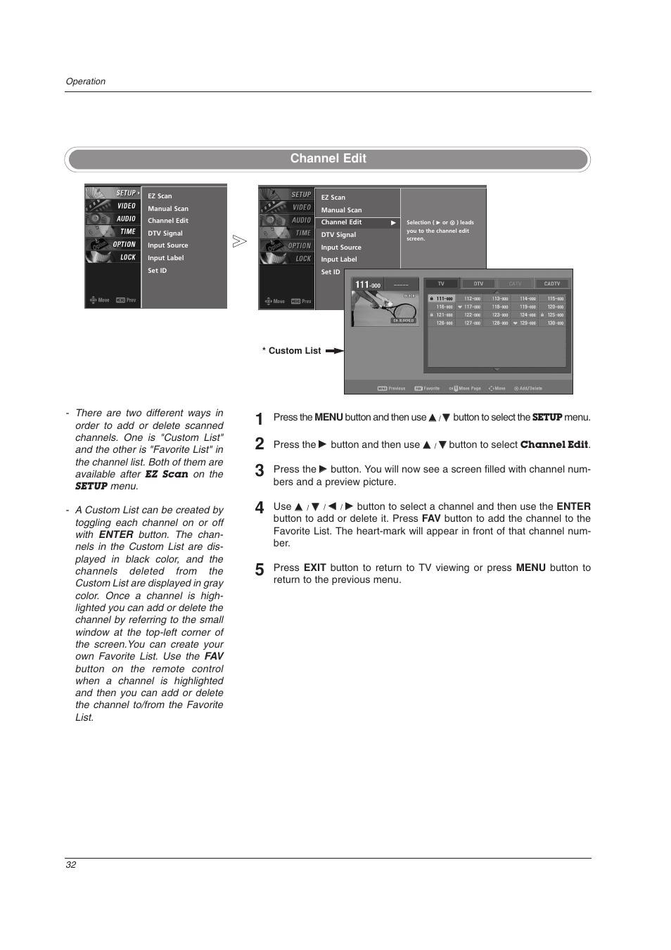 Channel edit | LG 32LC2DU User Manual | Page 32 / 68
