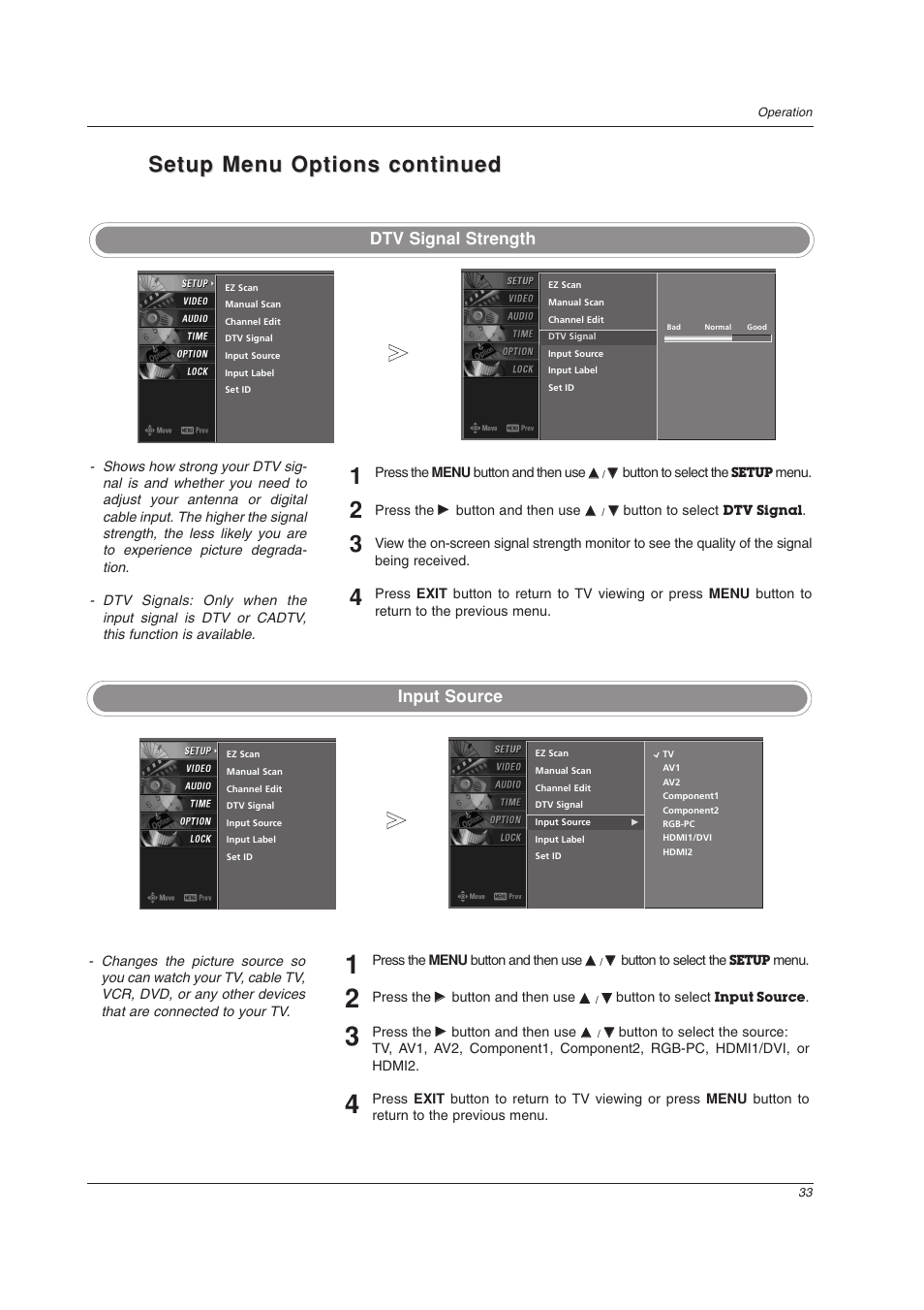 Setup menu options continued, Dtv signal strength, Input source | LG 32LC2DU User Manual | Page 33 / 68