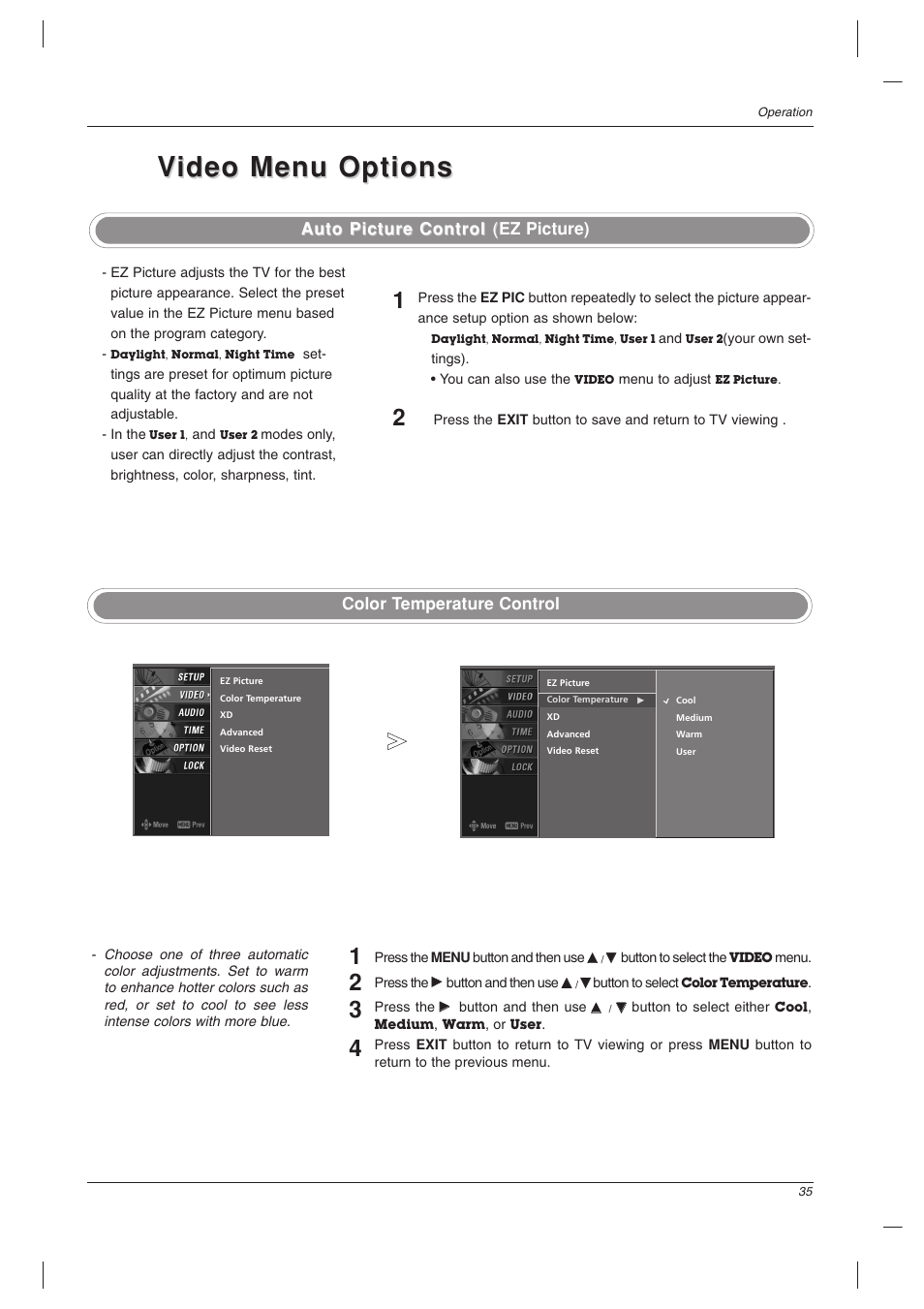 Video menu options ideo menu options, Auto picture control, Auto picture control ( ( ez picture) | Color temperature control | LG 32LC2DU User Manual | Page 35 / 68