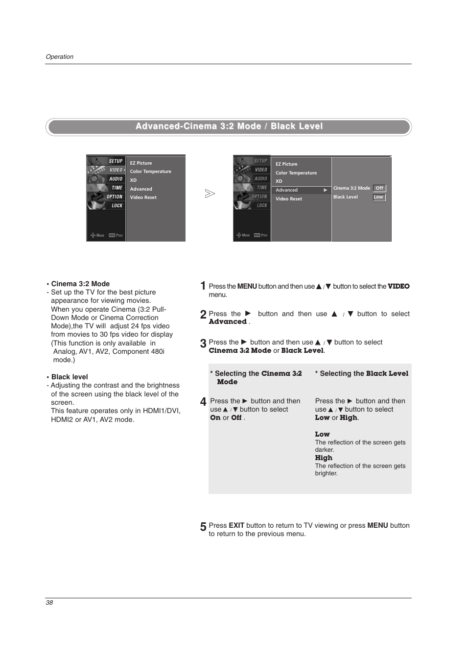 Advanced-cinema 3:2 mode / black level | LG 32LC2DU User Manual | Page 38 / 68
