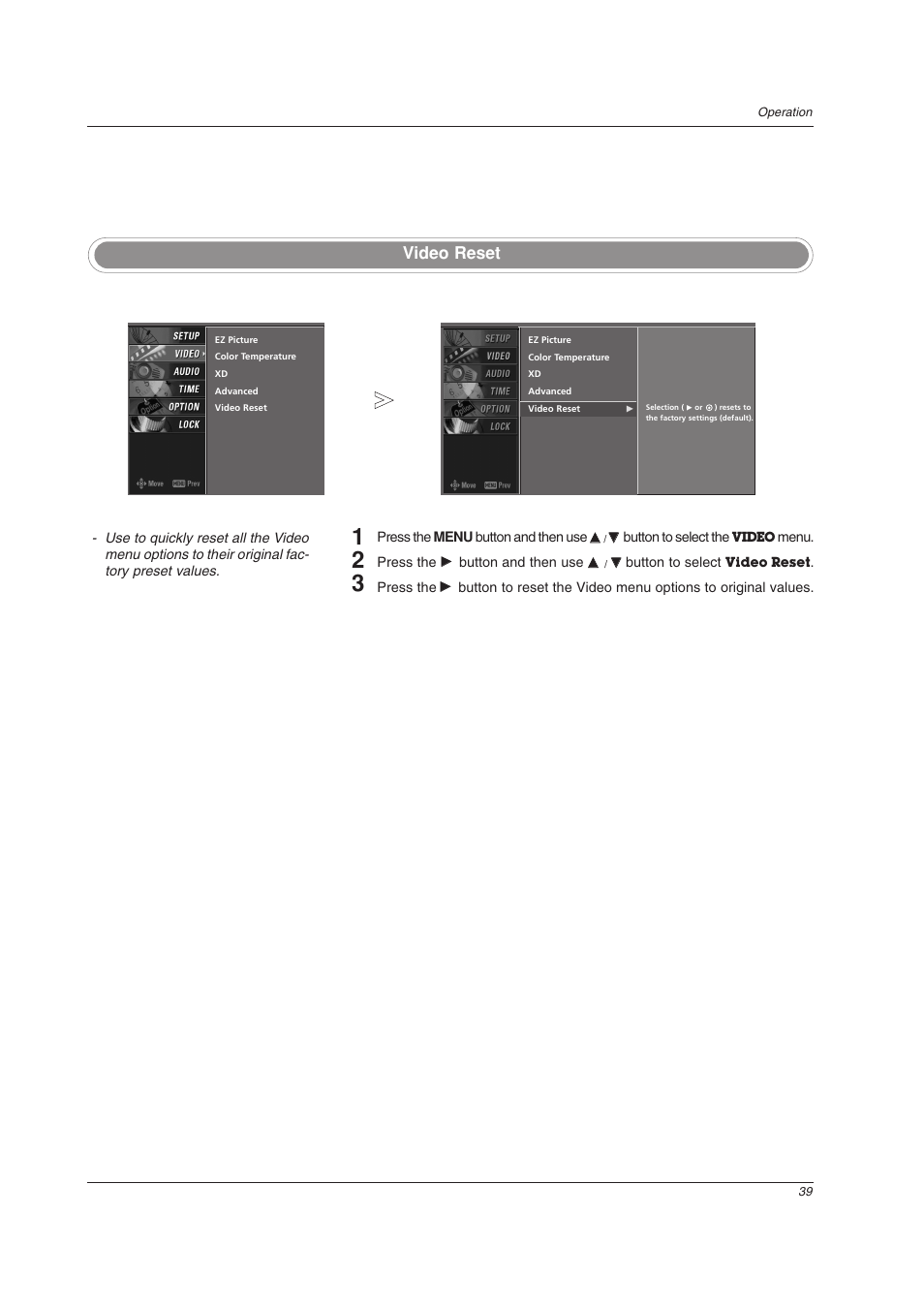 Video reset | LG 32LC2DU User Manual | Page 39 / 68