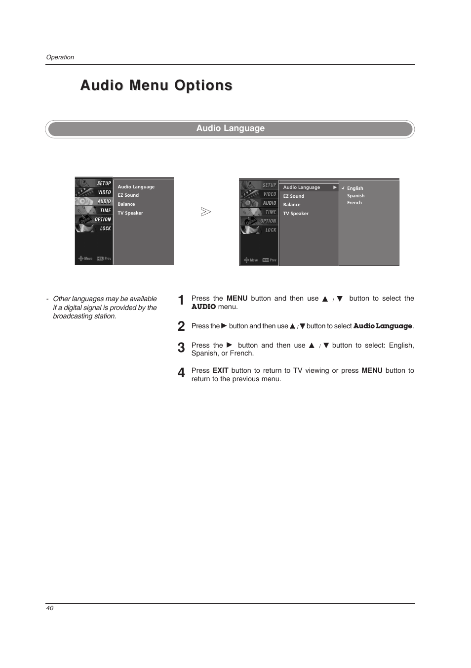 Audio menu options, Audio language | LG 32LC2DU User Manual | Page 40 / 68