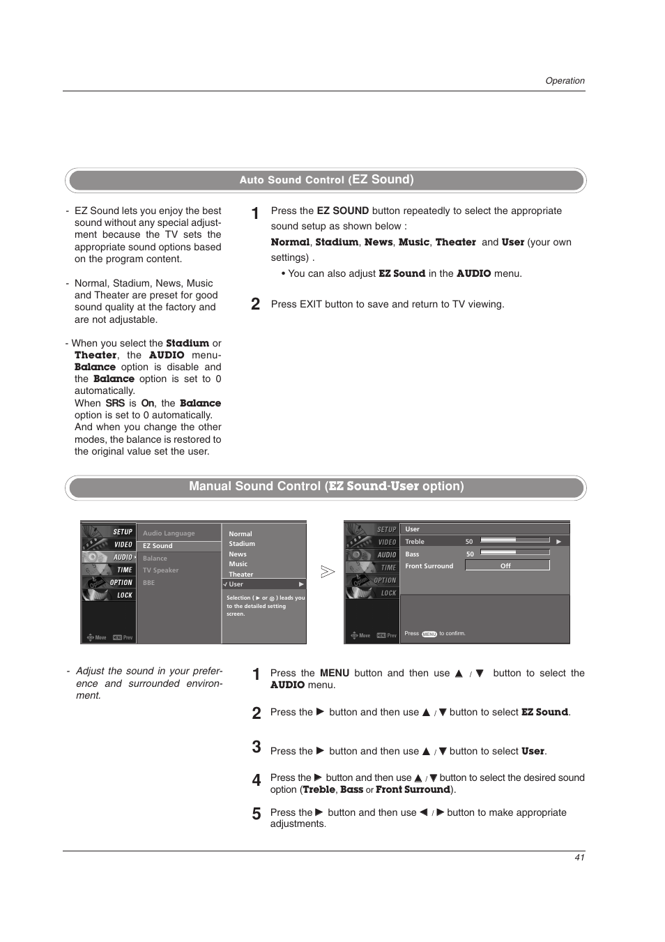 Ez sound) manual sound control, Option) | LG 32LC2DU User Manual | Page 41 / 68