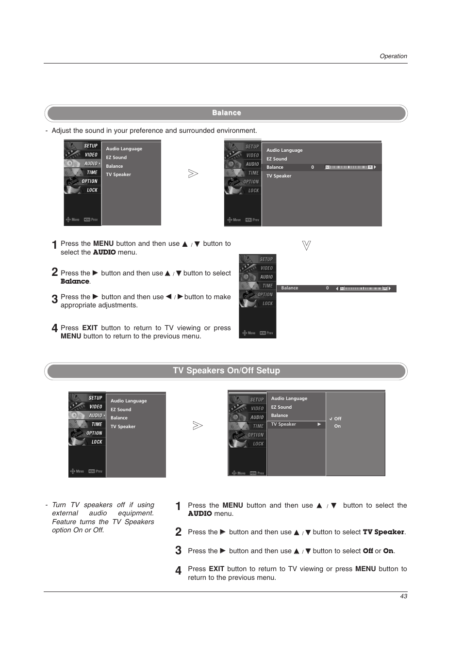 Tv speakers on/off setup | LG 32LC2DU User Manual | Page 43 / 68