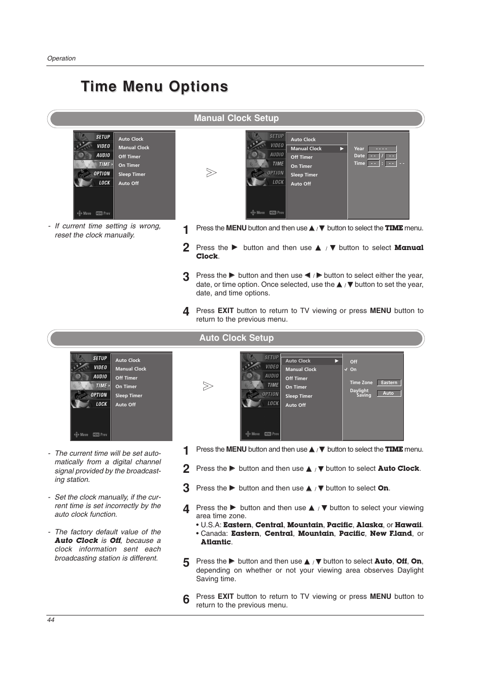 Time menu options ime menu options, Auto clock setup manual clock setup | LG 32LC2DU User Manual | Page 44 / 68