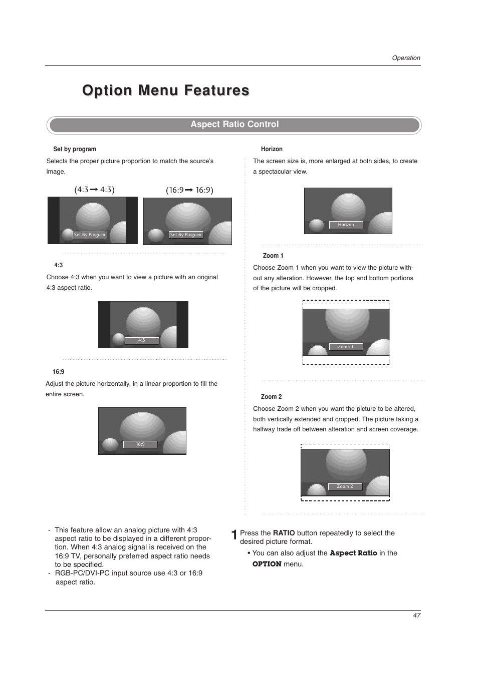 Option menu features, Aspect ratio control | LG 32LC2DU User Manual | Page 47 / 68