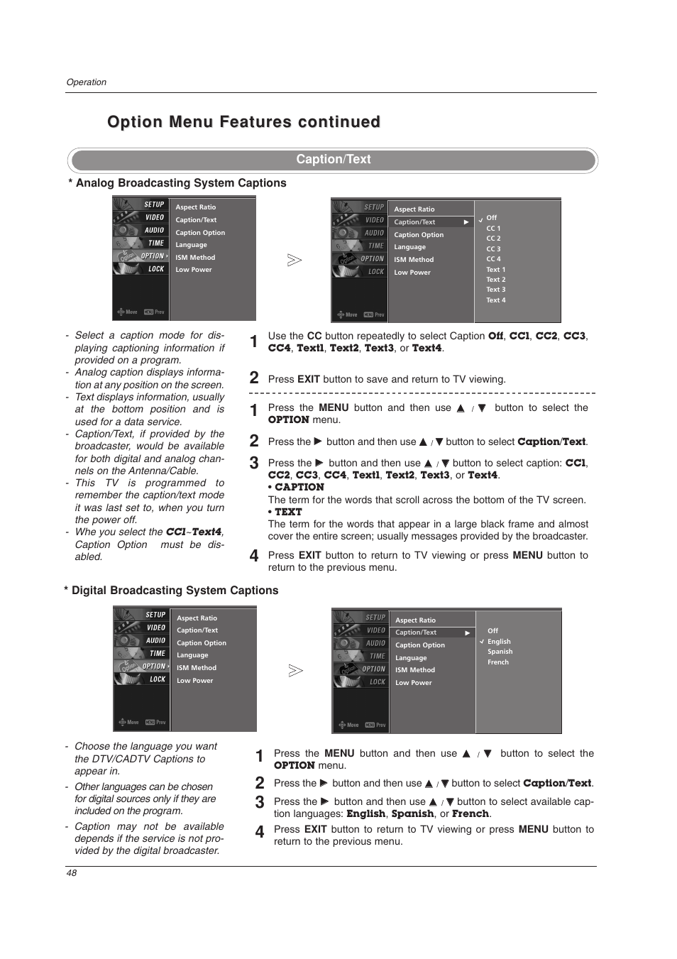 Option menu features continued, Caption/text | LG 32LC2DU User Manual | Page 48 / 68