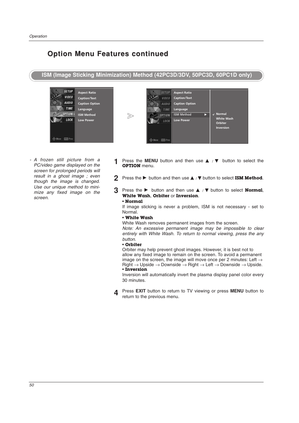 Option menu features continued | LG 32LC2DU User Manual | Page 50 / 68