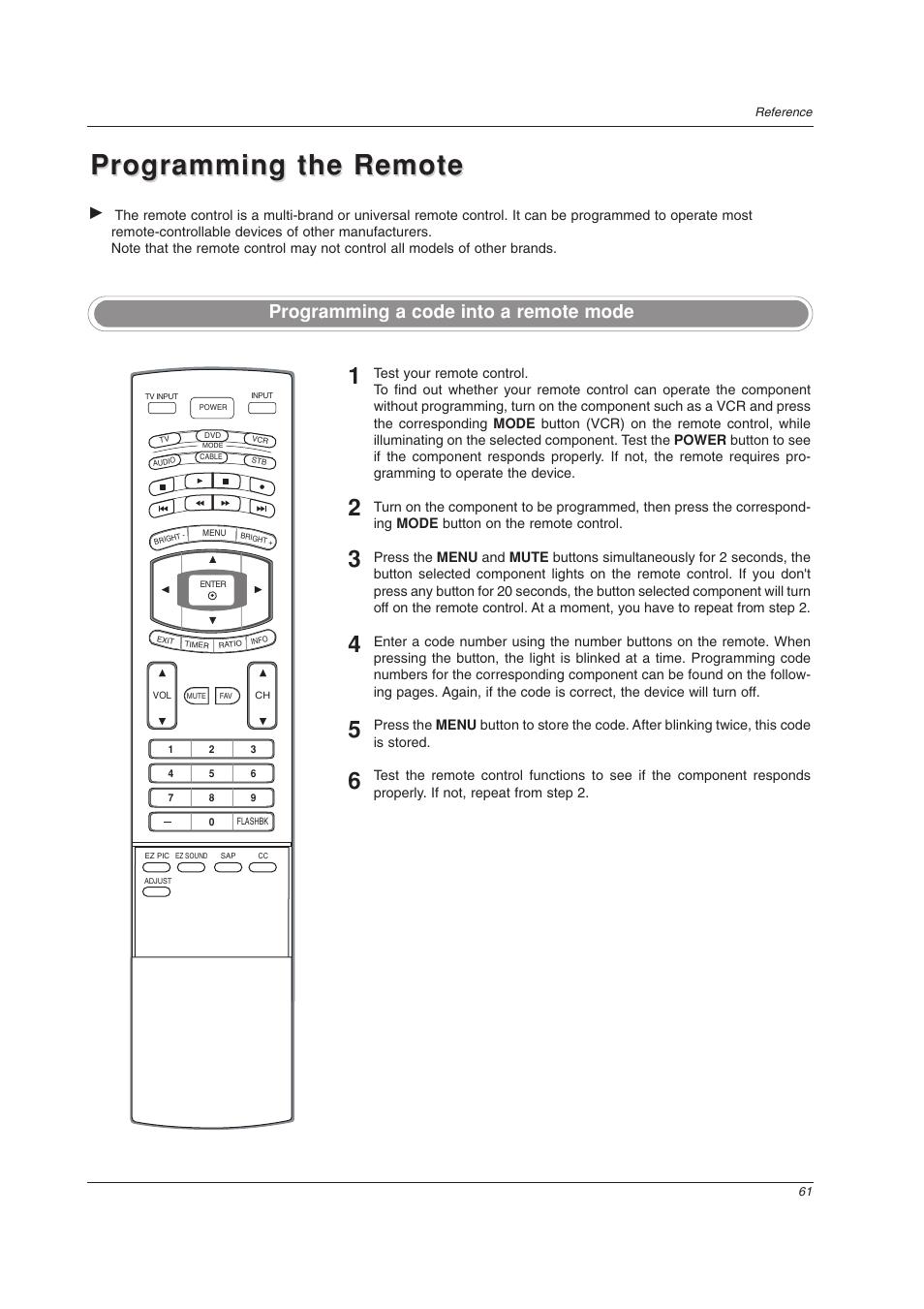 Programming the remote, Programming a code into a remote mode | LG 32LC2DU User Manual | Page 61 / 68