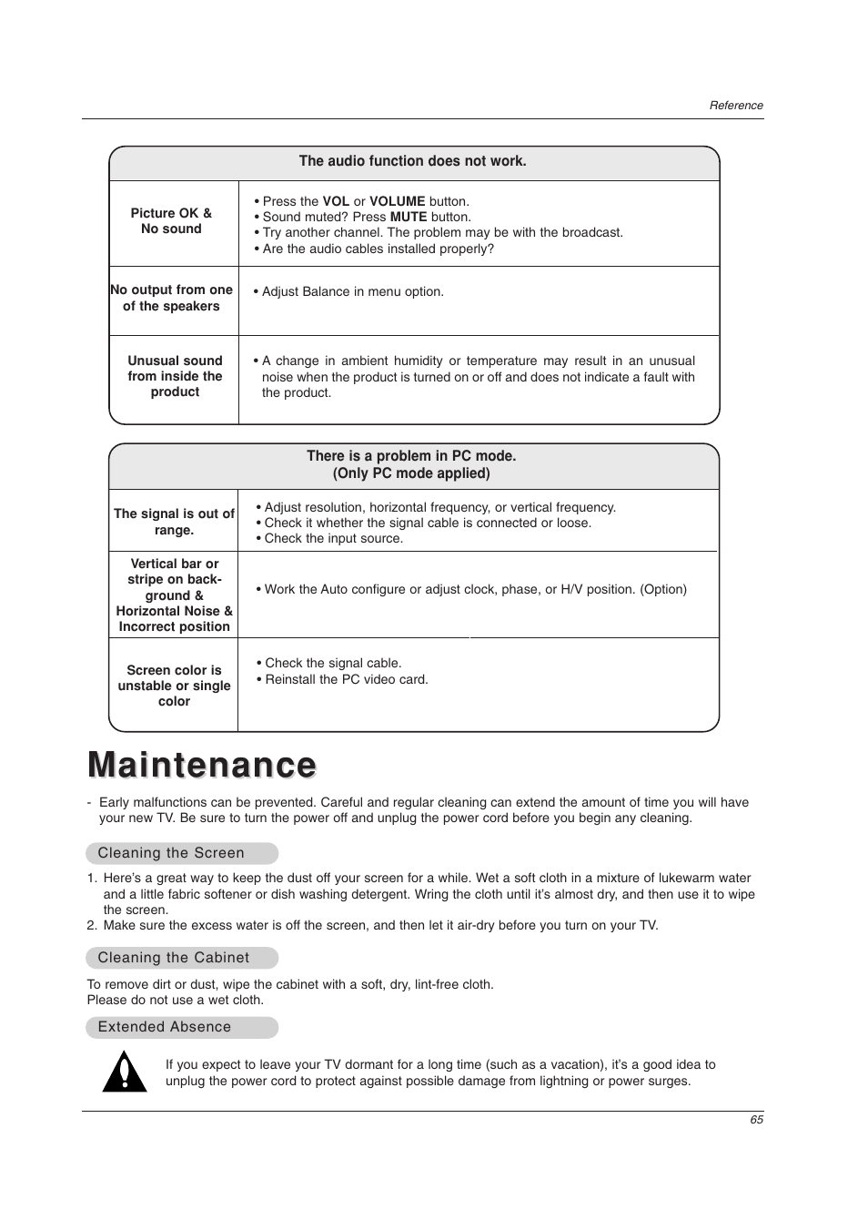 Maintenance | LG 32LC2DU User Manual | Page 65 / 68