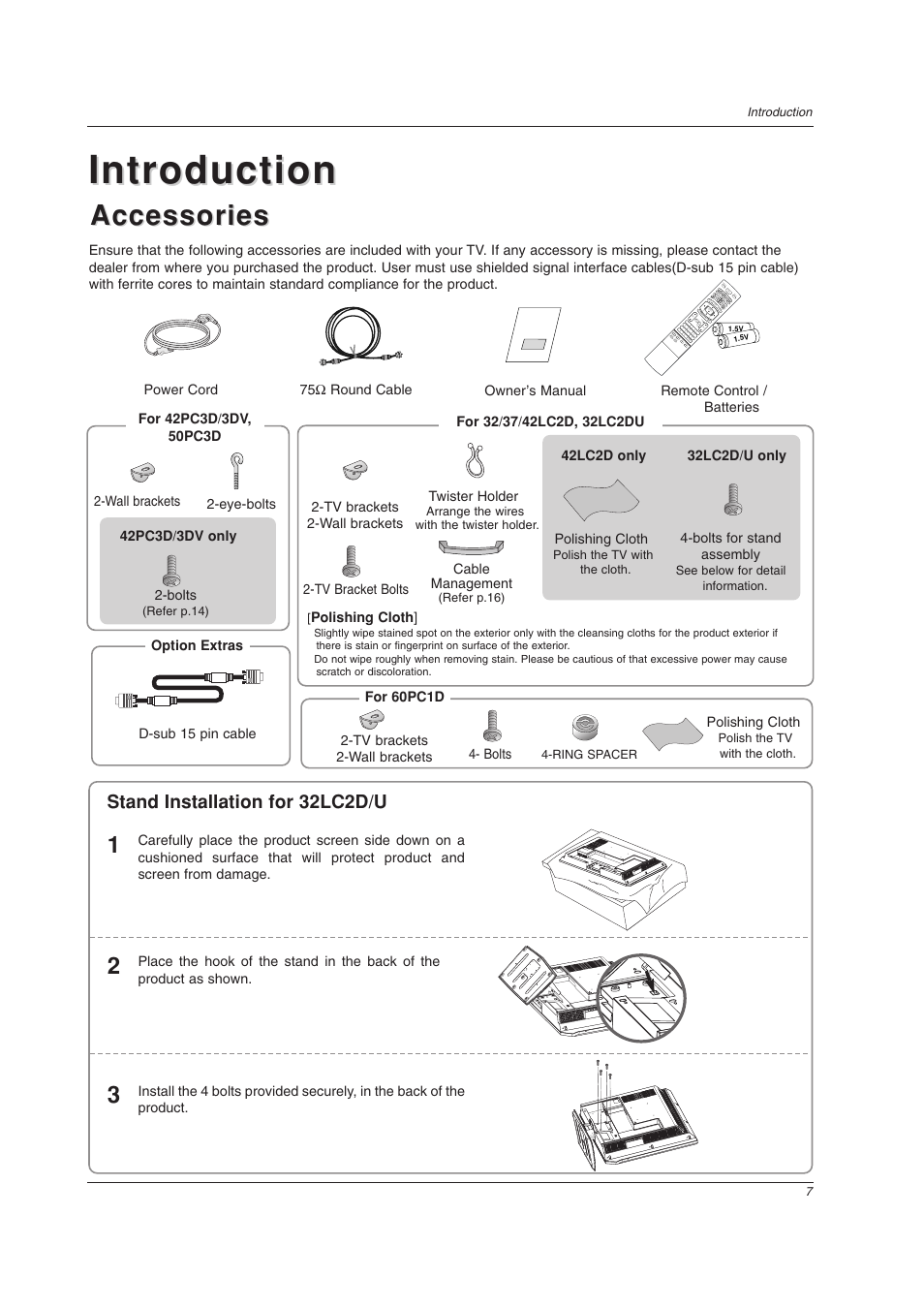 Introduction, Accessories, Stand installation for 32lc2d/u | LG 32LC2DU User Manual | Page 7 / 68