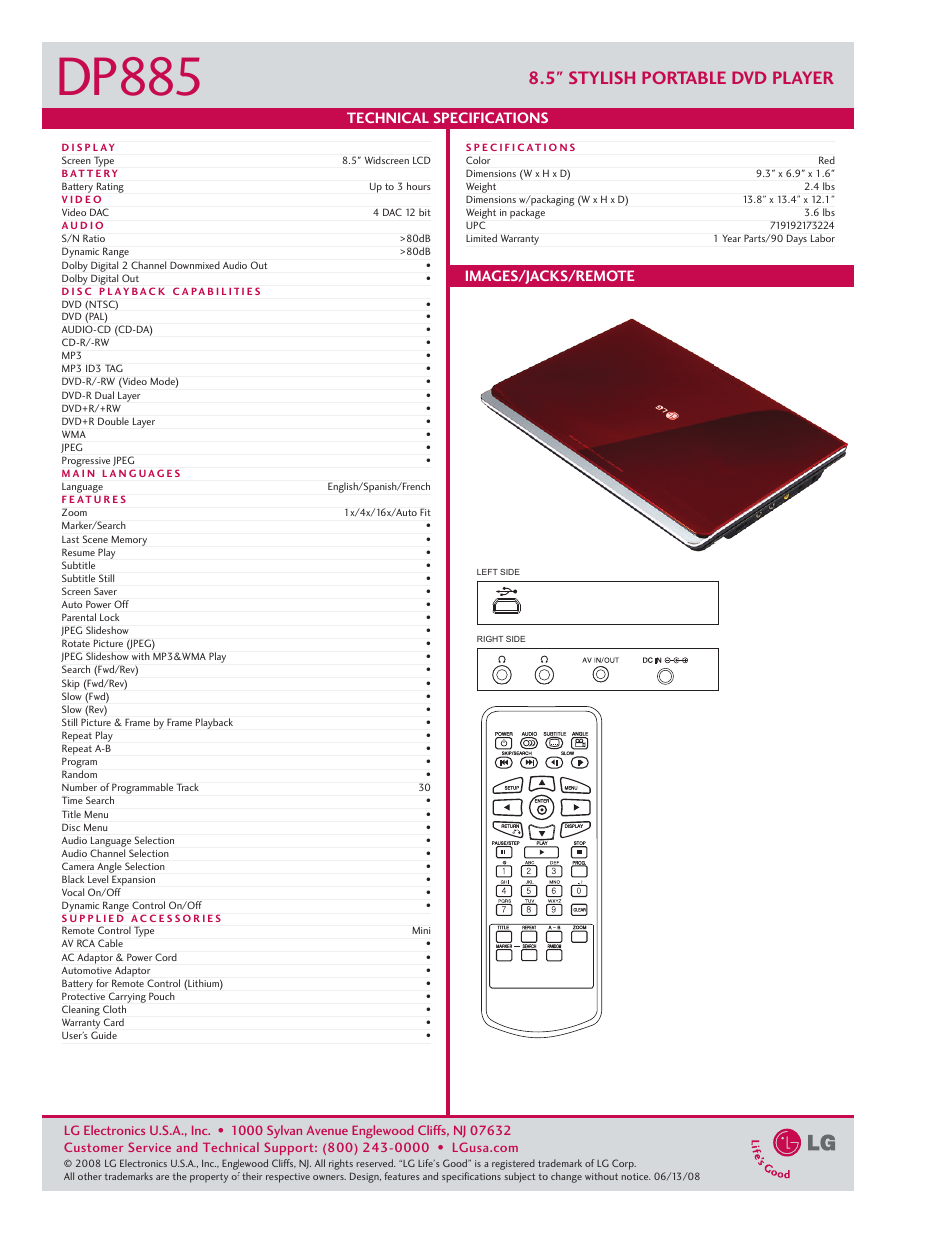 Dp885, 5" stylish portable dvd player, Technical specifications images/jacks/remote | LG DP885 User Manual | Page 2 / 2