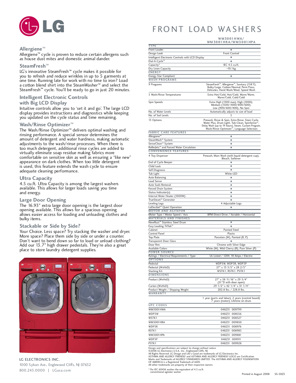 Allergiene, Steamfresh, Wash/rinse optimizer | Ultra capacity, Large door opening, Stackable or side by side, Lg’s innovative steamfresh, And select the steamfresh, Cycle. you’ll be ready to go in just 20 minutes, The wash/rinse optimizer | LG WM3001HPA User Manual | Page 2 / 2