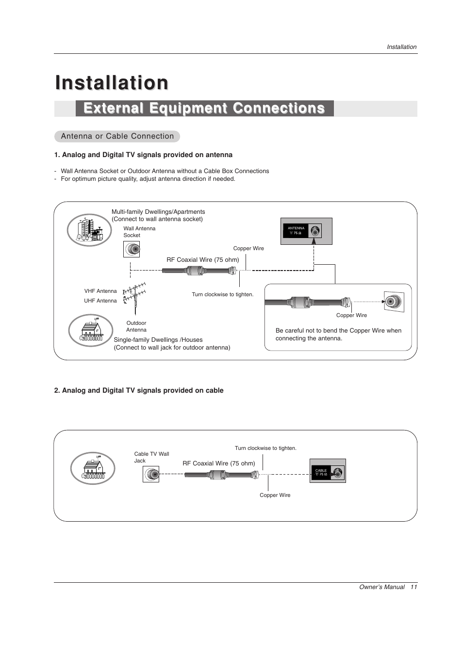 Installation, External equipment connections | LG Z44SZ80 User Manual | Page 11 / 48