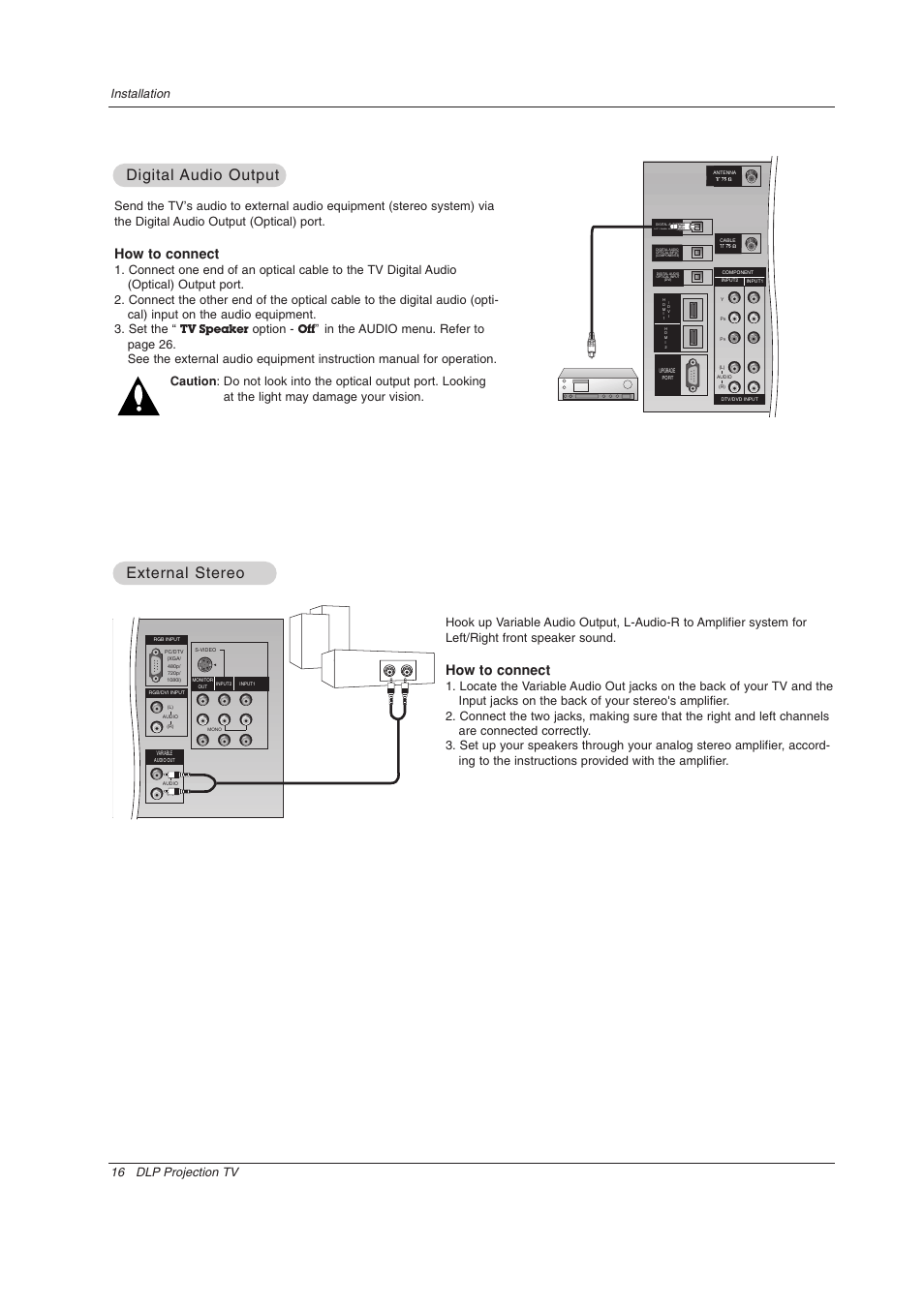 Digital, Digital audio output audio output, External stereo | How to connect, Option, Tv speaker | LG Z44SZ80 User Manual | Page 16 / 48