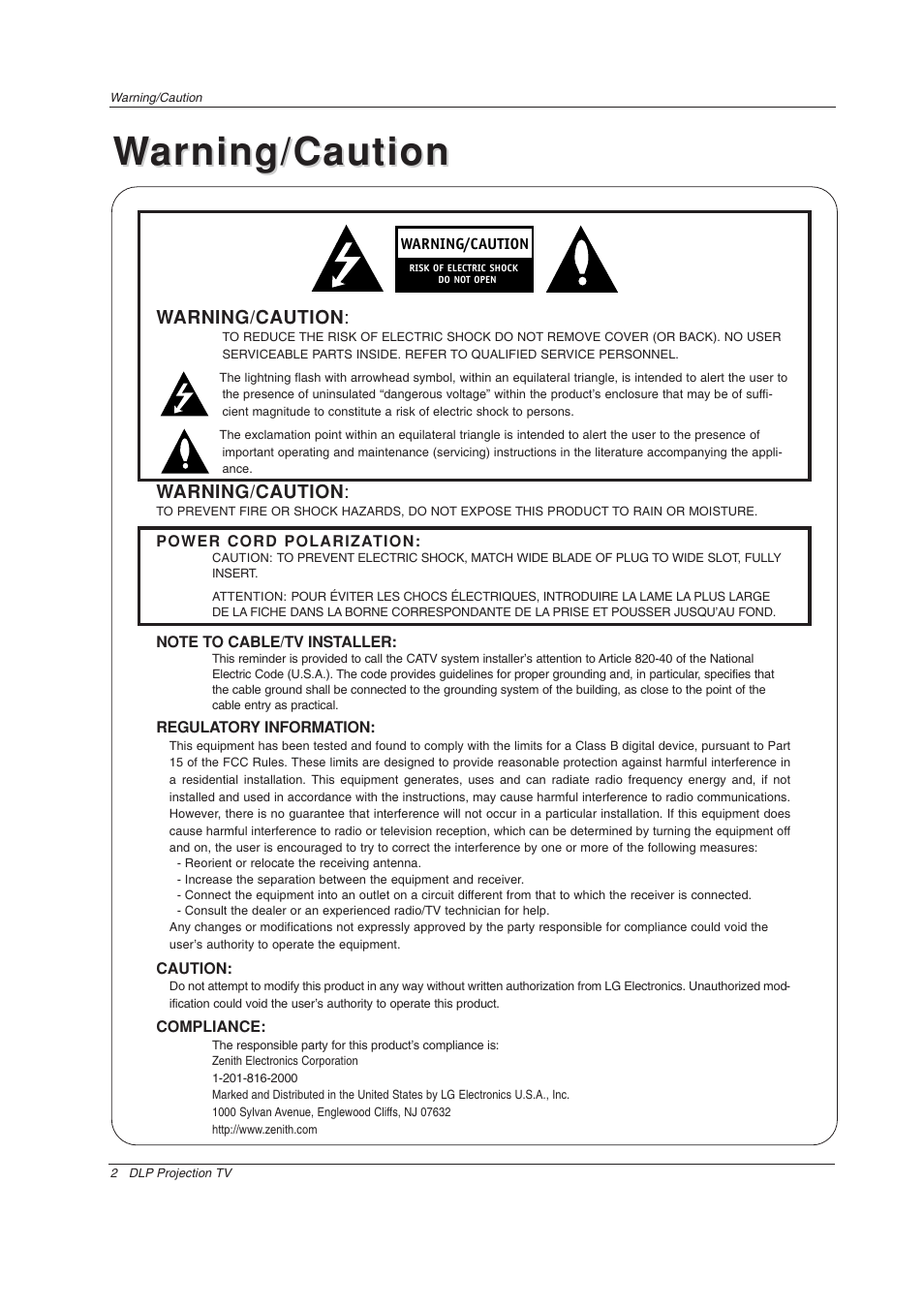 Warning/caution arning/caution | LG Z44SZ80 User Manual | Page 2 / 48