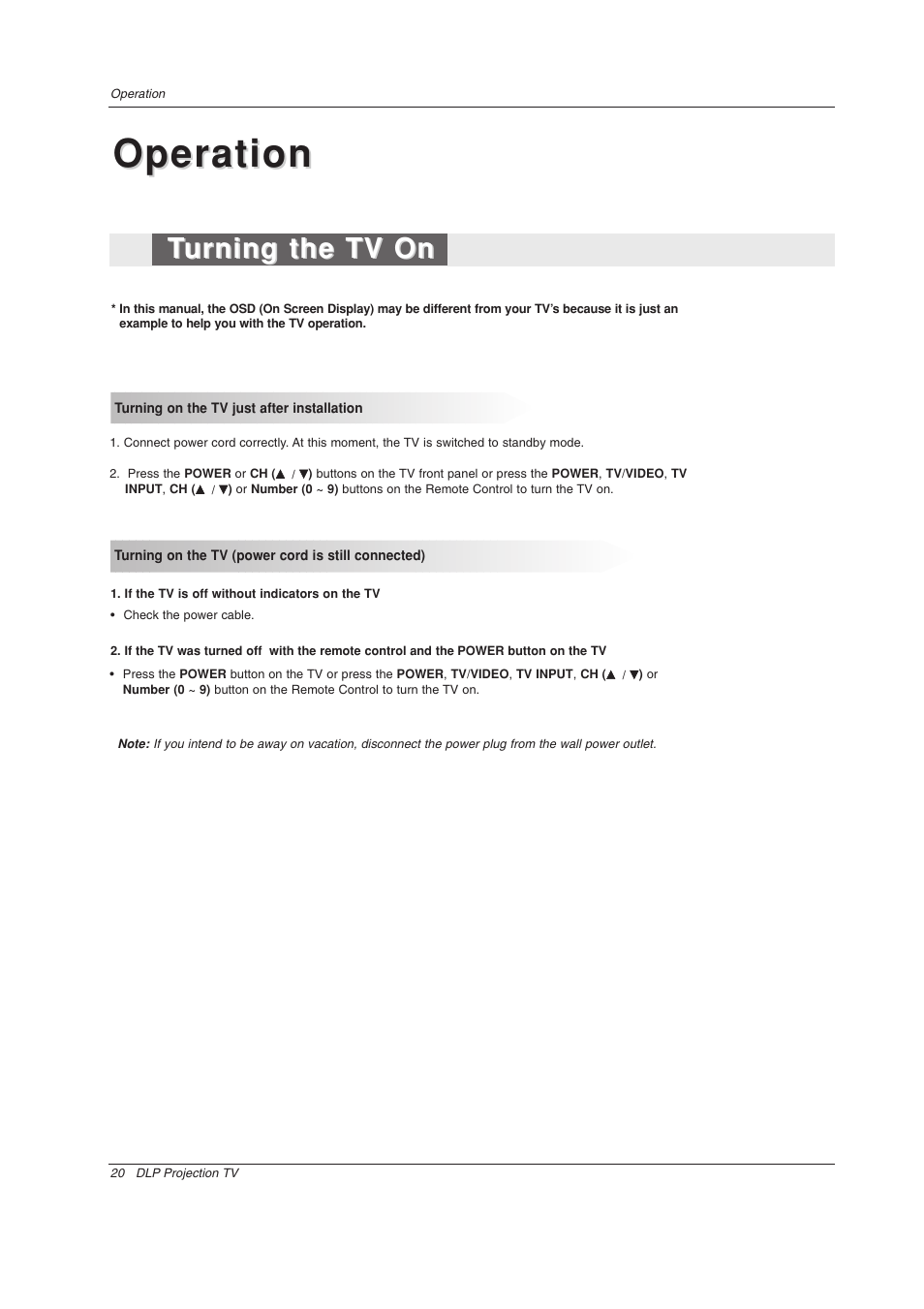 Operation, Turning the tv on urning the tv on | LG Z44SZ80 User Manual | Page 20 / 48