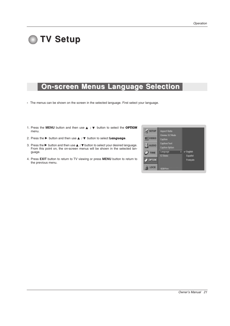 Tv setup, On-screen menus language selection | LG Z44SZ80 User Manual | Page 21 / 48