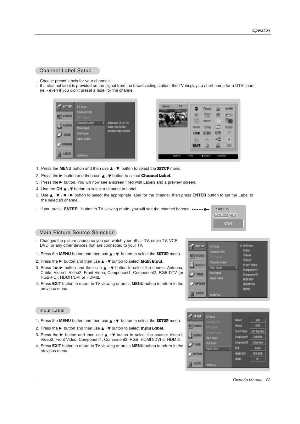 Main picture source selection, Channel label setup | LG Z44SZ80 User Manual | Page 23 / 48