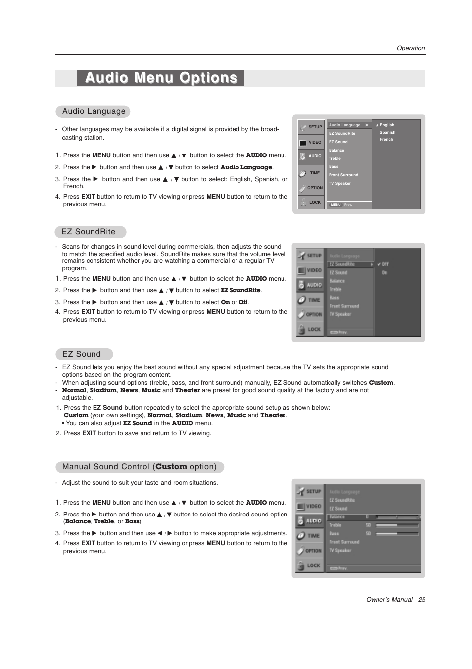 Audio menu options, Ez sound, Manual sound control | Option), Audio language, Ez soundrite | LG Z44SZ80 User Manual | Page 25 / 48