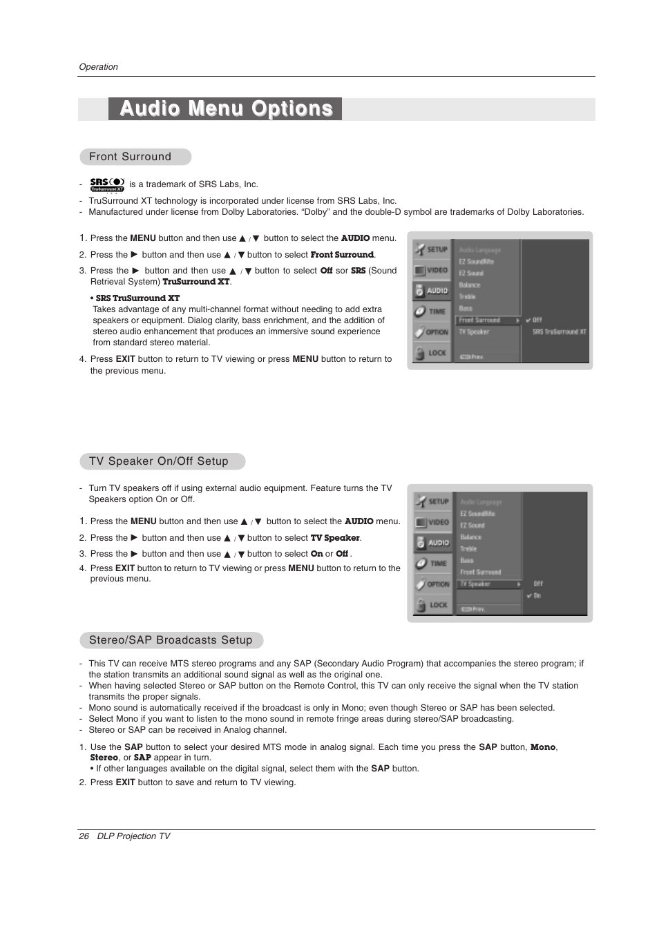 Audio menu options, Front surround, Tv speaker on/of | Tv speaker on/of f setup f setup, Stereo/sap, Stereo/sap broadcasts setup broadcasts setup | LG Z44SZ80 User Manual | Page 26 / 48