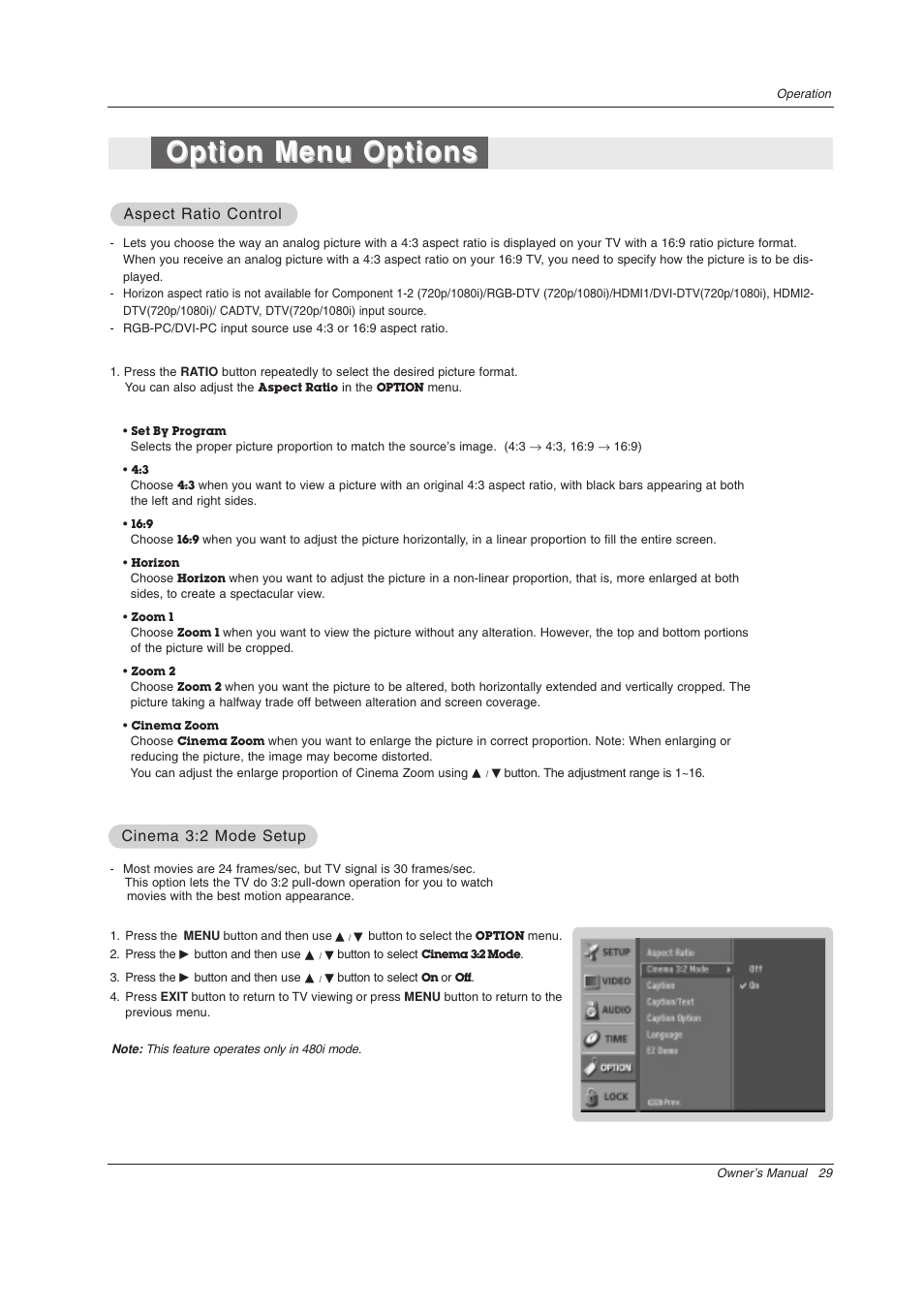 Option menu options, Cinema 3:2 mode setup, Aspect ratio control | LG Z44SZ80 User Manual | Page 29 / 48