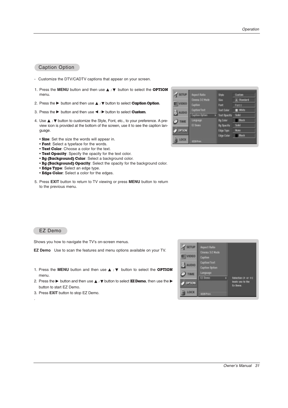 Caption option, Ez demo | LG Z44SZ80 User Manual | Page 31 / 48