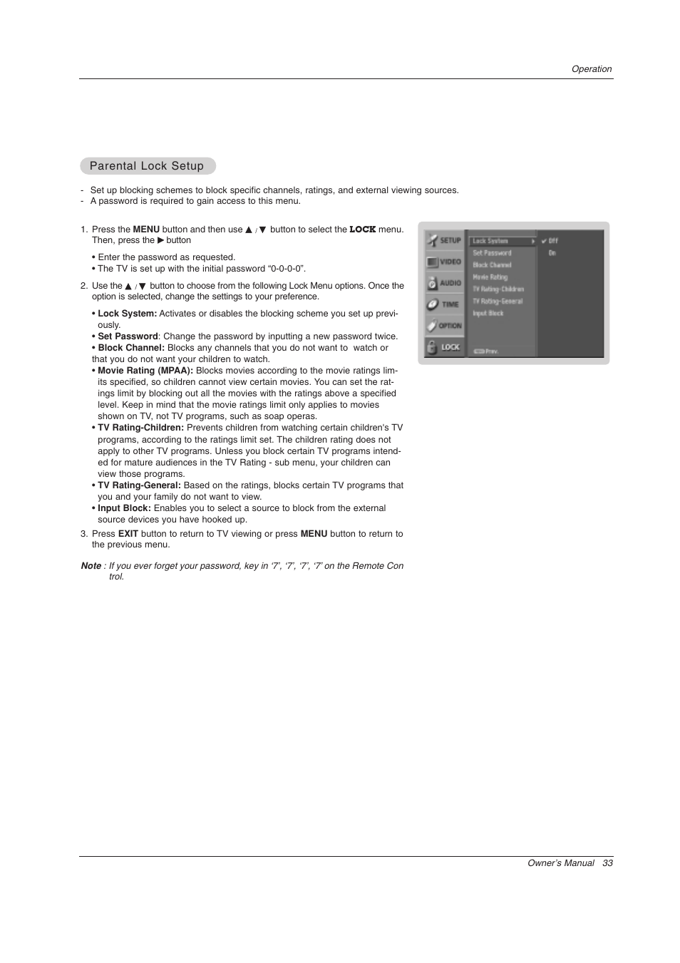 Parental lock setup | LG Z44SZ80 User Manual | Page 33 / 48