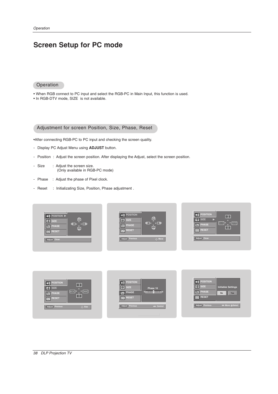 Screen setup for pc mode, Operation, 38 dlp projection tv operation | LG Z44SZ80 User Manual | Page 38 / 48