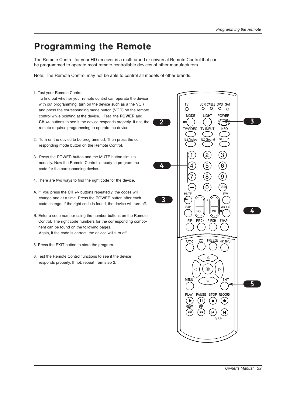 Programming the remote | LG Z44SZ80 User Manual | Page 39 / 48