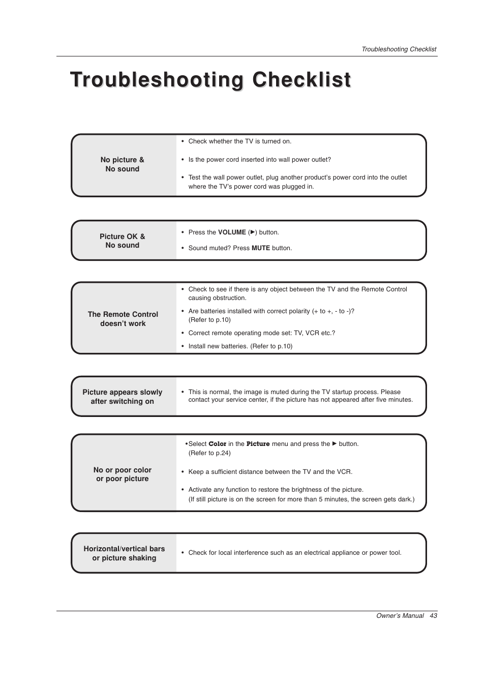 Troubleshooting checklist roubleshooting checklist | LG Z44SZ80 User Manual | Page 43 / 48