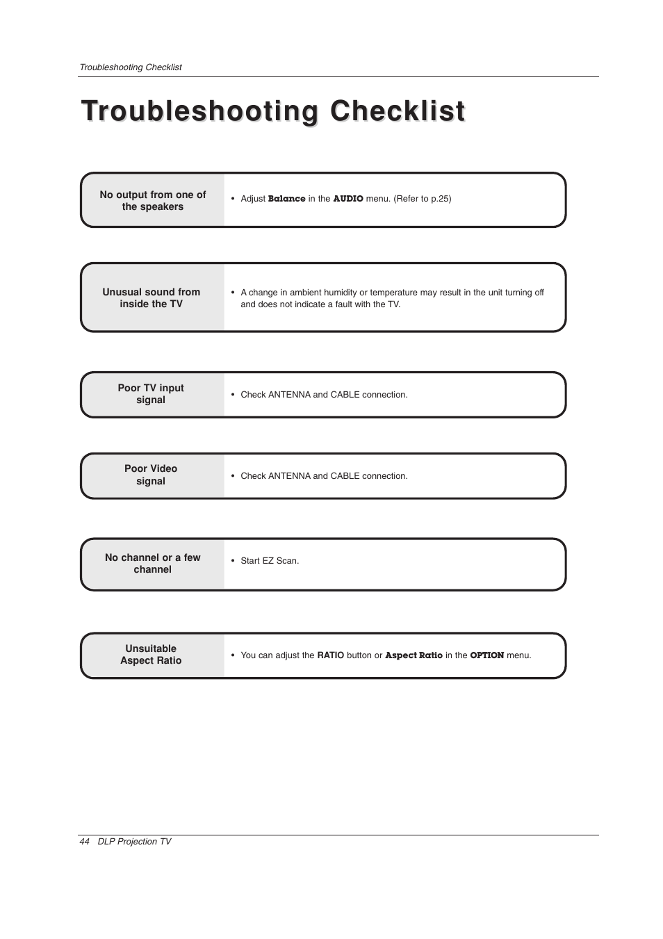 Troubleshooting checklist roubleshooting checklist | LG Z44SZ80 User Manual | Page 44 / 48