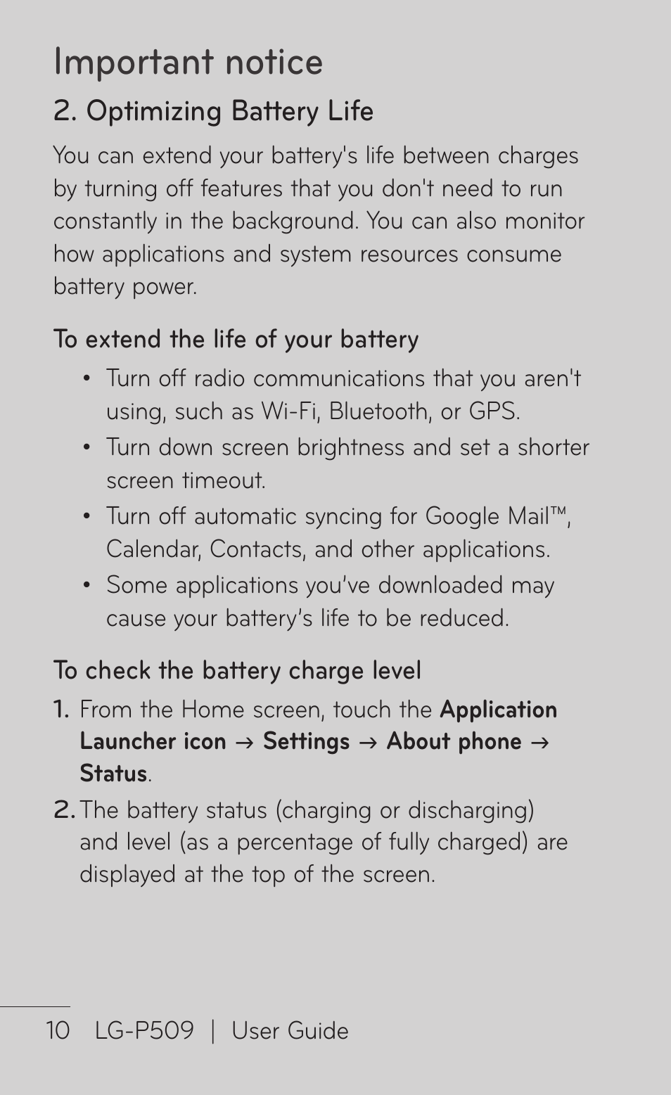 Important notice, Optimizing battery life | LG -P509 User Manual | Page 10 / 192