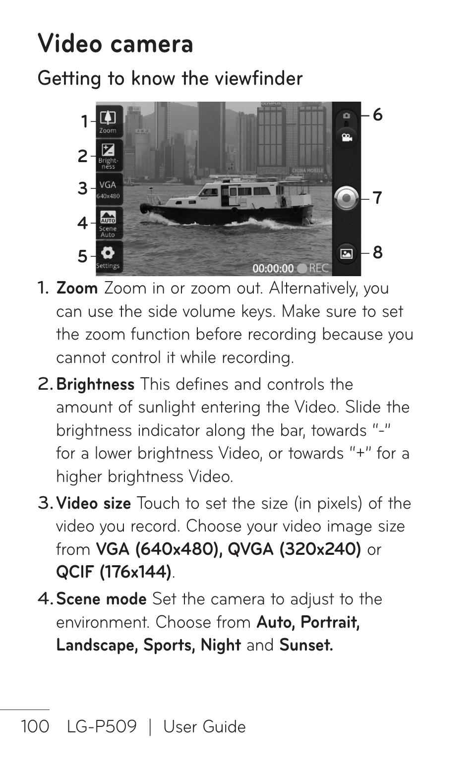 Video camera, Getting to know the viewfinder | LG -P509 User Manual | Page 100 / 192