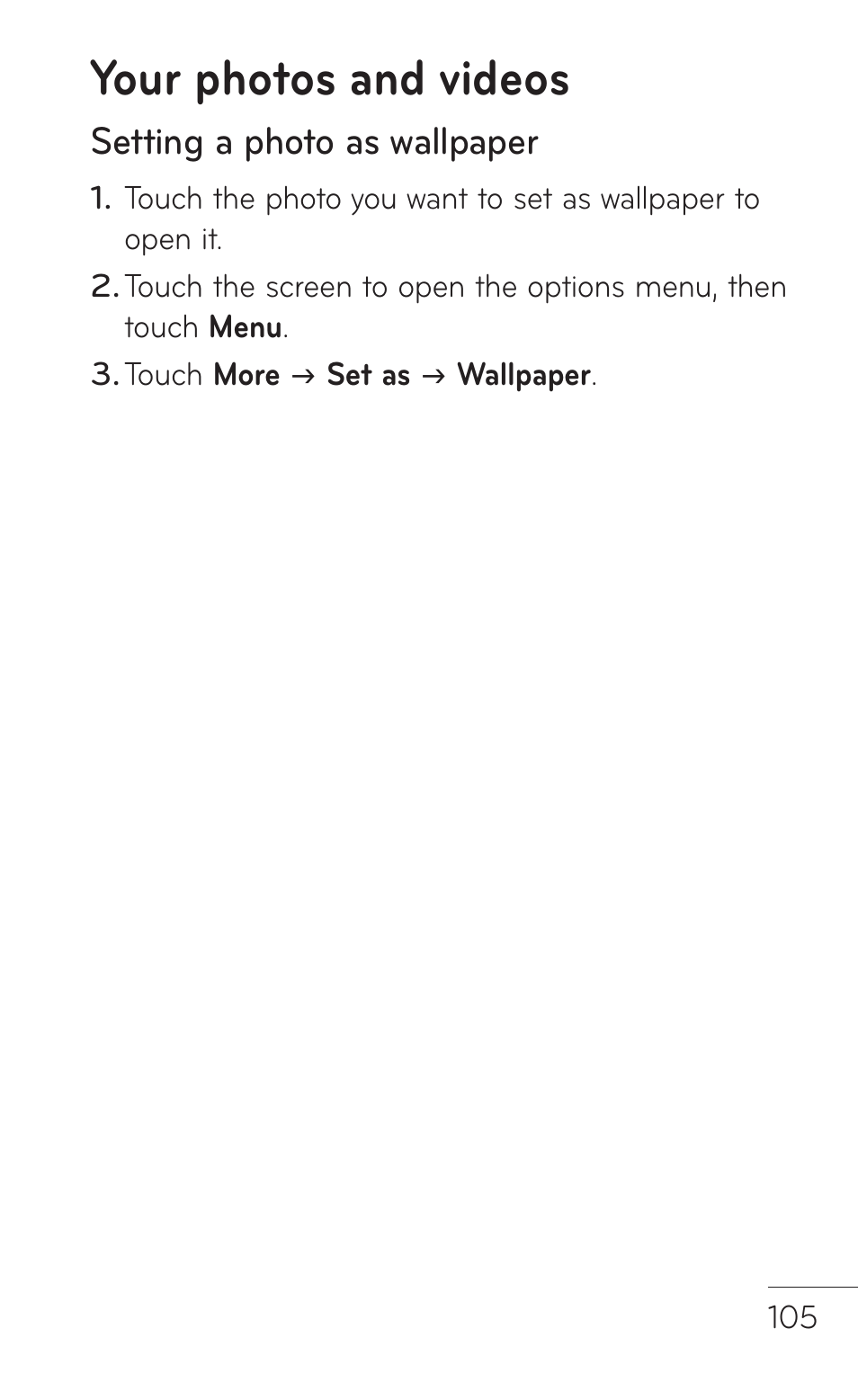 Your photos and videos, Setting a photo as wallpaper | LG -P509 User Manual | Page 105 / 192
