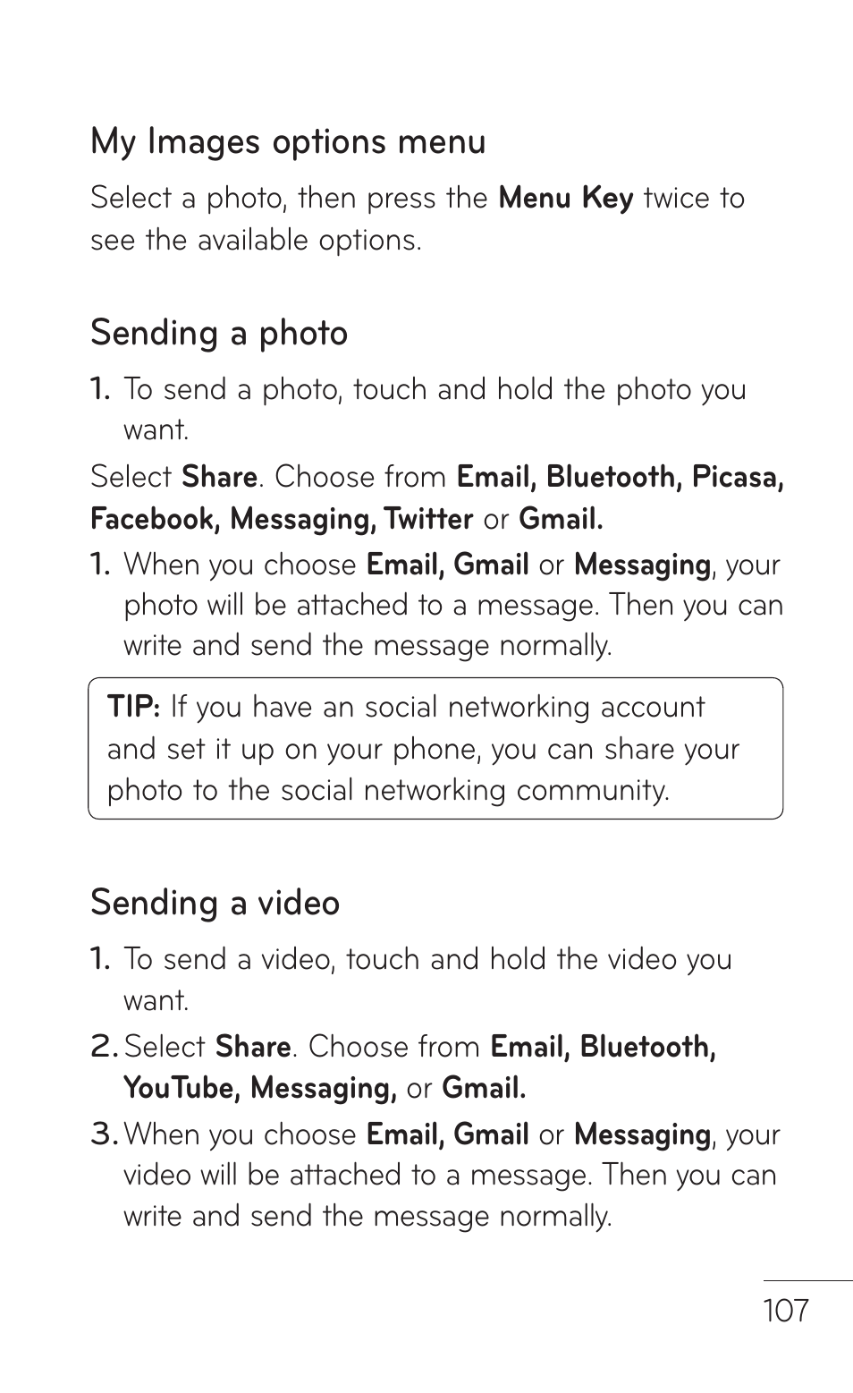 My images options menu, Sending a photo, Sending a video | LG -P509 User Manual | Page 107 / 192