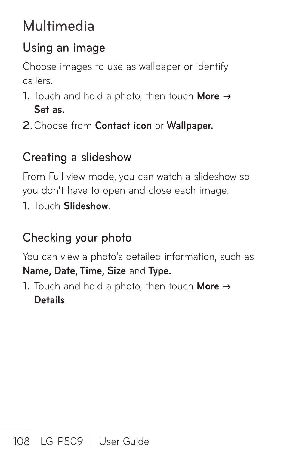 Using an image, Creating a slideshow, Checking your photo | Multimedia | LG -P509 User Manual | Page 108 / 192