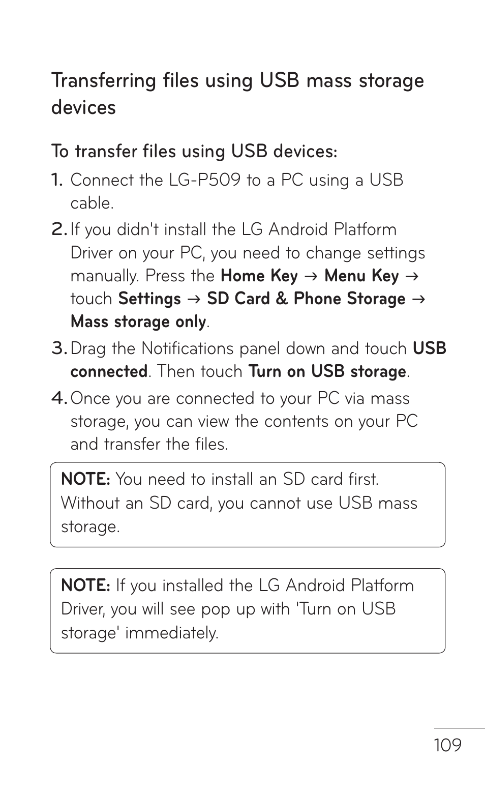 Transferring files using usb mass storage devices | LG -P509 User Manual | Page 109 / 192